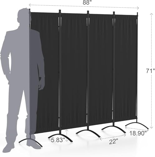 Morngardo Upgraded Room Divider Folding Privacy Screens 4 Panel Partitions 88" Wall Dividers Portable Separating for Home Office Bedroom Dorm Decor - color: Black With Curved Base, size: 88'W - 4 Panels