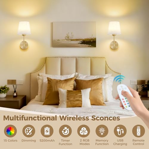 Gold Battery Operated Wall Sconces,Rechargeable Wireless Wall Lights with Lampshade,5200mAh Dimmable RGB Bulbs and Remote,15 Colors Cordless Wall Lamps for Bedroom,Living Room,Hallway Decor - color: Gold