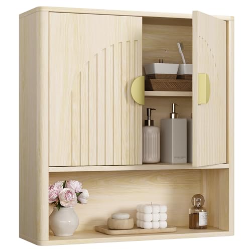 Bathroom Wall Cabinet, Fluted Medicine Cabinet, Natural | Adjustable Wood Shelf, Over The Toilet Storage Cabinet for Laundry Room, Living Room, Rounded Metal Handle, 2 Doors
