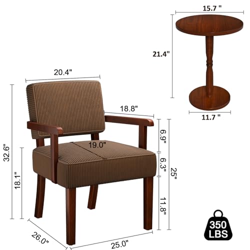 Corduroy Accent Chairs Set of 2, 2 Solid Wood Armchairs with Table | Living Room Chairs with Soft Thicken Cushion, Comfy Reading Chair for Bedroom, Waiting Room, Home Office, Easy Assembly - color: Corduroy Brown, size: Set of 2 with table