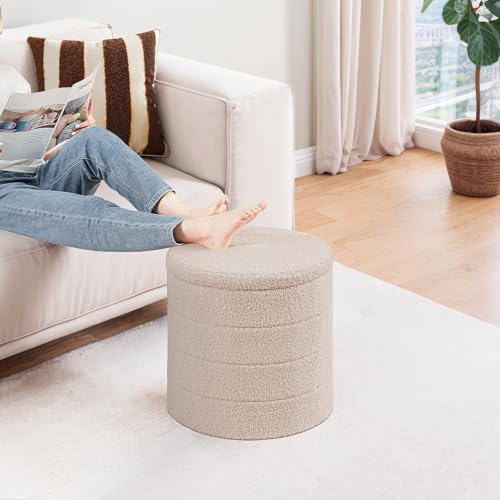 PINPLUS Round Storage Ottoman Foot Rest Stool with Tray Velvet Sherpa Folding Storage Ottoman,Boucle Foot Rest for Living Room, Bedroom, Dorm,Beige Color - color: Beige, size: 16.9"D x 16.9"W x 17.7"H