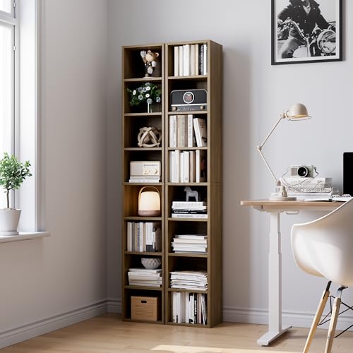 Bamjoy 71 Inches Tall Narrow Bookshelf, 8-Tier Slim CD DVD Media Shelf, Corner Bookcase with Adjustable Shelves, Cube Skinny Bookshelf for Home Office Small Space, Light Walnut - color: Light Walnut
