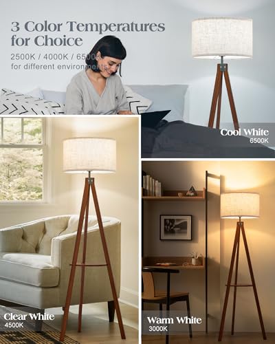 ELYONA Mid Century Floor Lamp with 3 Color Temperatures LED Bulb, Modern Wood Tripod Table Reading Standing Light, Wooden Shelf Floor Lamp for Farmhouse Living Room Bedroom Office Linen Shade Brown - style: Vintage