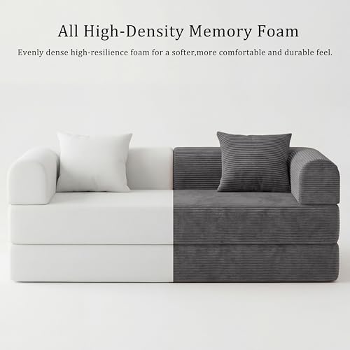 59" Boneless Couch,4-in-1 Futon Sofa Bed Modular Loveseat Sleeper Folding Compressed Couch with Pillows,No Assembly Required Convertible Sofa Bed for Living Room Bedroom Guest Room,Grey - color: Grey, size: 59.06" Loveseat Sofa