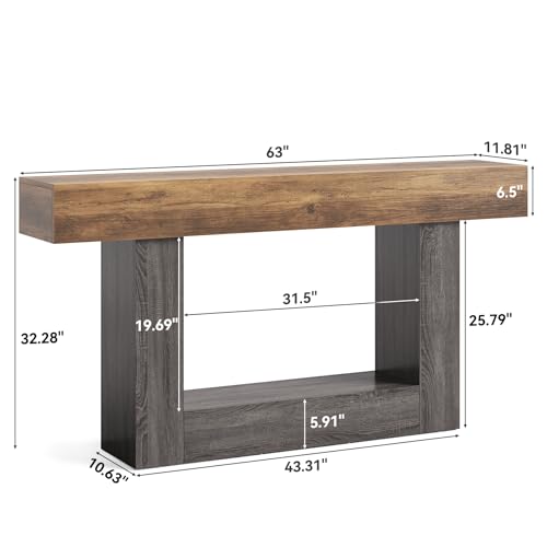 LITTLE TREE 63 Inches Long Console Table, 2-Tier Farmhouse Sofa Table Behind Couch, Large Narrow Entryway Table for Living Room, Wooden Hallway Foyer Table with Heavy Duty Base, Rustic Brown and Grey - color: Rustic Brown and Grey