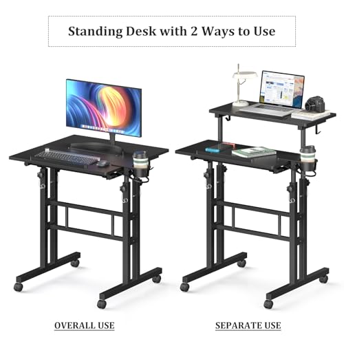 Enayplon Small Standing Desk with Wheels, Mobile Stand Up Desk, Portable Standing Table on Wheels for Walking Pad, Rolling Computer Desk Adjustable Height, Tall Table - color: Black