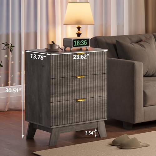 Fluted Nightstand with 3 Large Drawers, Wooden Side End Table with Elevated Legs for Easy Cleaning, Sturdy Modern Beside Table for Small Space, Bedroom, Grey, 24" L - color: Grey