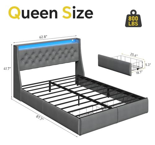 SADENICEL Queen Bed Frame with 2 Storage Drawer, Queen Size Bed Frame, Grey | Headboard with Charging Station and LED Lights, Metal Platform Bed with Storage Shelf, Noise Free, No Box Spring Needed - size: Queen, style: 2 Storage Drawer