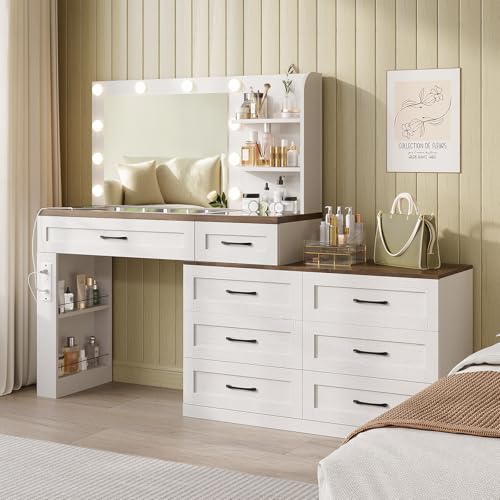 Farmhouse Makeup Vanity Desk, Vanity 6-Drawer Dresser Combo, Antique White | Large Make Up Dressing Table, with Mirror and Lights, Glass Top, 8 Drawers, Charging Station, Open Storage, for Bedroom