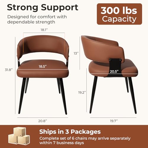 Dining Chairs Set of 6, Modern Upholstered Faux Leather Kitchen Chairs with Curved Back, Easy to Assemble & Clean for Dining Room, Restaurant, Cafe, Brown | Faux Leather Upholstery, Curved Back, Metal Legs, Easy Clean, Dining Room, Kitchen, Breakfast Nook