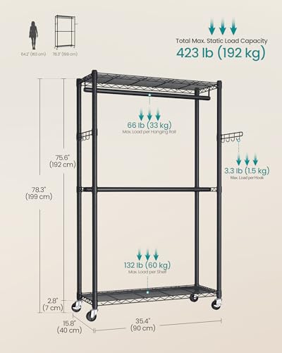 SONGMICS Heavy-Duty Rolling Clothes Rack, Garment Rack, Portable Closet on Wheels, with Adjustable Mesh Shelves and Hanging Rails, Hooks, 15.8 x 35.4 x 78.3 Inches, Ink Black ULGR416BH01 - size: 35.4"W