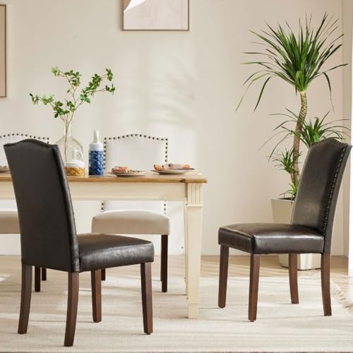 Kitchen Chairs Set of 2 Modern Upholstered Fabric Seat with Nailhead Trim and Ergonomic Lumbar Support for Living Room and Rustic Farmhouse Dining Area, Dark Brown - color: Dark Brown, style: set of 2