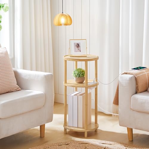HOOBRO Small Round Side Table with Charging Station, 3-Tier Round Bamboo End Table, Compact Sofa Bedside Table for Small Space, Easy Assembly, for Living Room, Bedroom, Apartment, Natural YL152UBZ01 - color: Natural