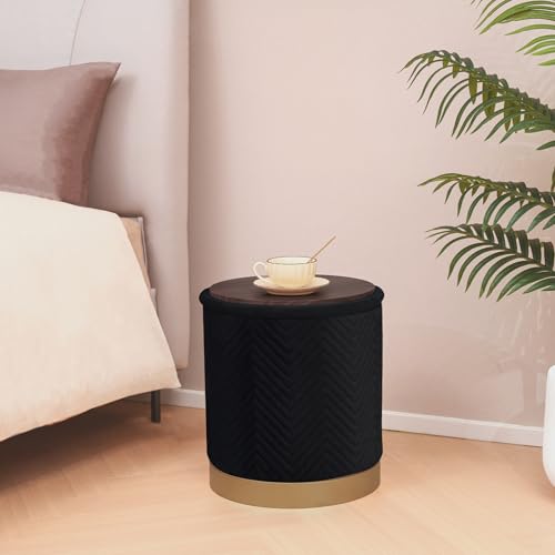 Round Velvet Storage Ottoman with Tray Lid, 16.3" Foldable Ottoman Footstool with Metal Base, Upholstered Storage Footrest for Dorm Living Room Bedroom, Black - color: Velvet-black