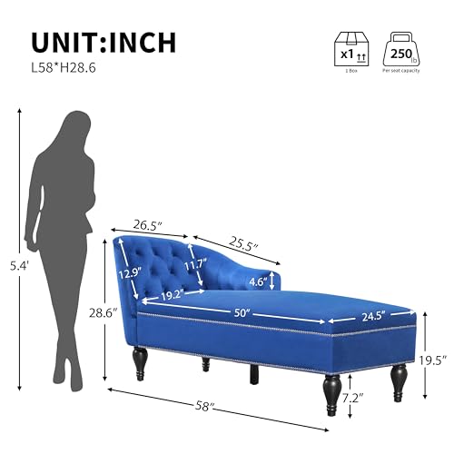 JIVOIT Velvet Upholstered Sofa Chaise Loungers, 58" Chaise Lounge with Nailhead Trim and Solid Wood Legs, Button Tufted Right Arm Facing Lounge Chair for Living Room, Sleeper Lounge Sofa - color: Blue-velvet