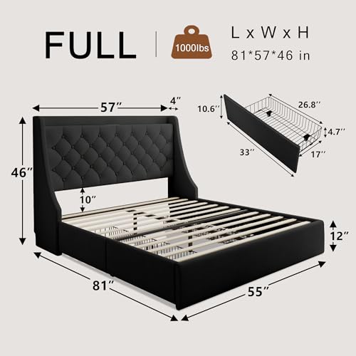 Einhomn Upholstered Full Size Bed Frame with 4 Storage Drawers, Platform Bed with Large Wingback Headboard, Charging Station, No Box Spring Needed, Easy Assembly, Black - color: Black, size: Full