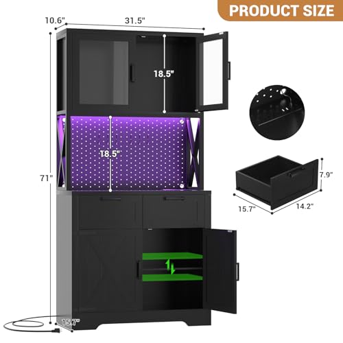 Unikito 71" Tall Kitchen Pantry Cabinet with LED Light & Outlet, Black | Farmhouse Microwave Stand Storage Hutch with Glass Doors, DIY Pegboard, Drawers & Adjustable Shelf Unit for Dining Room - color: Black, size: 32 Inch