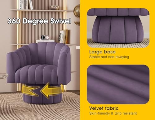 Dewhut Swivel Accent Chair, Barrel Accent Chair, Velvet, Purple | Mid Century Style, Modern Round ArmChair With 360° Swivel Base, For Living Room / Bedroom / Office - color: Purple
