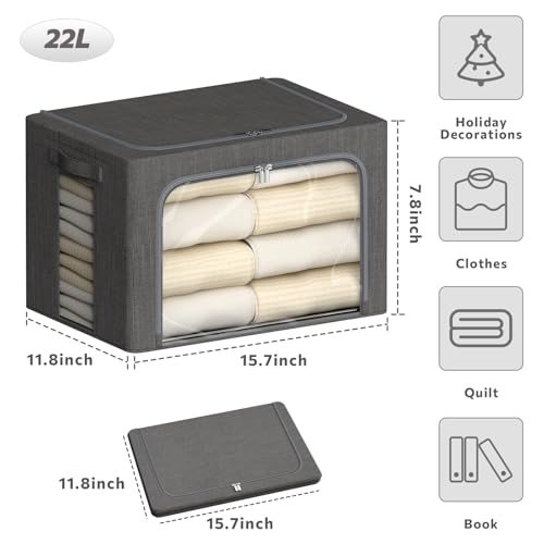 4 Pack Clothes Storage Bins with Metal Frame - 22L Stackable Storage Box with Lid,Foldable Storage Container Organizer for Clothes,Linen Fabric Storage Box with Clear Window&Zippers&Handles - color: Grey, size: 22L