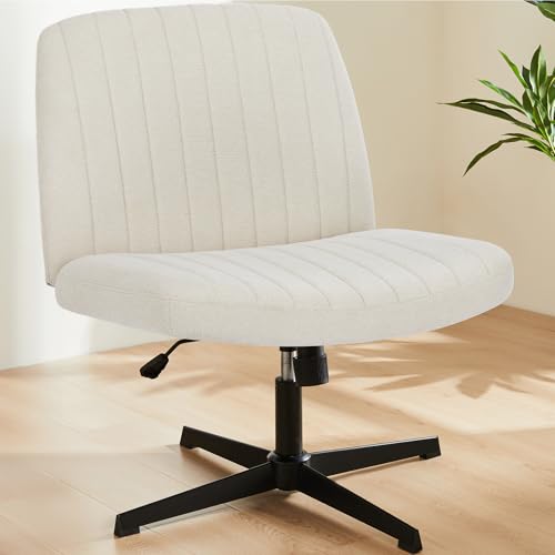 Sweetcrispy Criss Cross Chair, Armless Office Desk Chair | Height Adjustable, Wide Seat, Cute Comfy Fabric, Task Seating, No Wheels, Home Bedroom Vanity, Beige