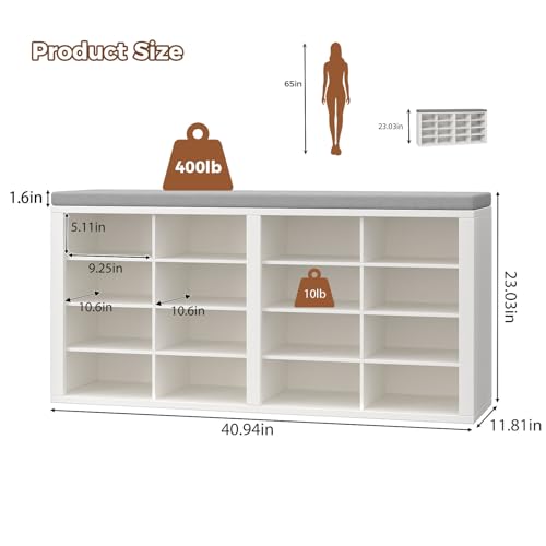 Shoe Storage Bench with Cushion Shoe Rack for Entryway 16 Cubby Multifunctional Organizer Bench Entryway with Soft Sponge Cushion for Hallway Living Room Bedroom (White & Light Gray) - color: White & Light Gray