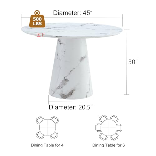 White Round Dining Table for 4-6,45" Round Kitchen Table,Faux Marble Round Dinner Table,Modern Dining Table with Pedestal Base for Apartment Dining Room - color: 45'' White