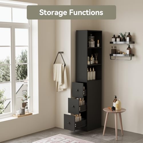 ARTETHYS Tall Narrow Free Standing Bathroom Storage Cabinet Set of 2, Black | 3-Level Adjustable Shelves, Home - Space Saver for Living Room Kitchen, 3 Drawers - color: Black Set of 2
