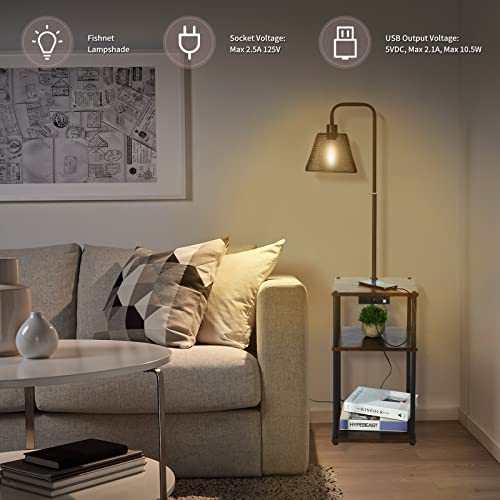 Floor Lamp with Table and Shelves, Side Table with USB Charging Port and Outlet, Modern Bedside Nightstand End Table with Lamp for Living Room, Bedroom, Guest Room, Bulb Included - color: Brown-1 Pair