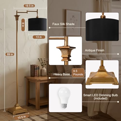 Scenekoy 68” Floor Lamp with Remote for Living Room Bedroom, Antique Gold | 350ºAdjustable Swing Arm Standing Lamp, Stepless Brightness, Black Shade, Decor for Reading House Home Office, Bulb Included - style: Antique Gold