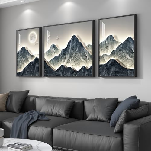 Framed Modern Mountain Wall Art for Living Room, 3 Piece Blue Luxury Bright Style Painting Prints, Landscape Moon Artwork for Dining Room Hallway Home Office Wall Decor - color: Blue White, size: 32" W x 24" H x 1 Pcs + 16" W x 24" H x 2 Pcs