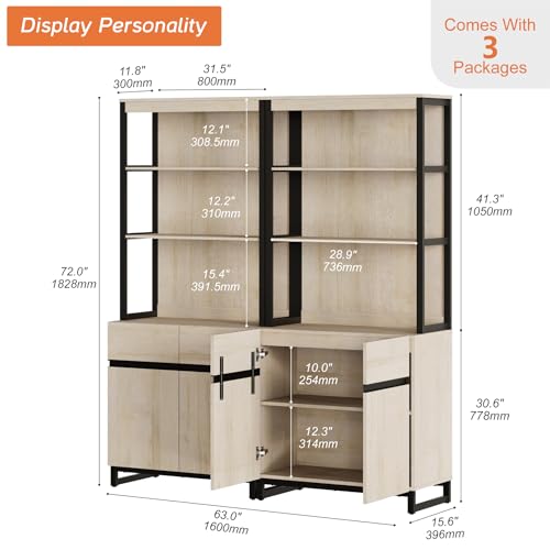 WAMPAT 2 PCS Modern 72" Tall Bookshelf with Metal Base and Adjustable Shelves, Library Bookcase with Storage Cabinet and Open Book Shelfs, Wood Bookshelves for Home Office, Living Room, Beige - color: Beige-a, size: 2 PCS