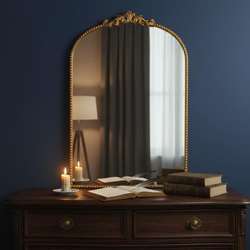 Vintage Baroque Arched Wall Mirror 36"x24", Gold Ornate Antique French Traditional Decor Mirror for Entryway Living Room Fireplace (Gold Metal,36" x 24") - color: Gold Metal, size: 36"L x 24"W