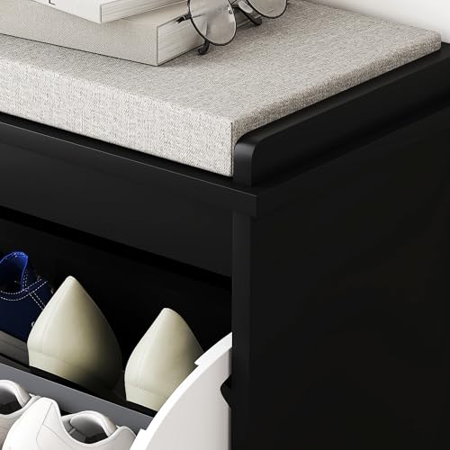 HOMCOM Narrow Shoe Bench with Padded Cushion 24.4x10.2x18.7 Inches Black | Shoe Storage Cabinet, Flip-Drawer, Adjustable Shelf, Small Entryway Bench, Holds up to 265lb - color: Black, size: 24.4" x 10.2" x 18.7"