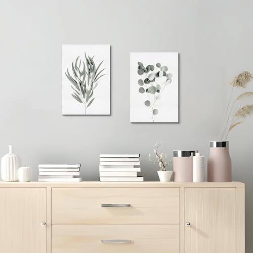 Plant Canvas Wall Art Picture: Leaf Print Decor Boho Sage Green Eucalyptus Botanical Painting 2 Piece Vertical Bedroom Bathroom Room Minimalist Artwork - color: Eucalyptus Leaf, size: 11"x16"x2Pcs