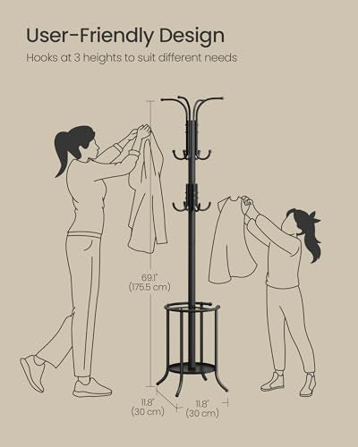 SONGMICS Coat Rack Freestanding Metal Coat Rack Stand with 12 Hooks | Coat Rack with Umbrella Holder, Ink Black, URCR011B01V1 - style: with round umbrella holder
