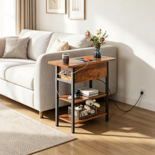 WLIVE 3-Tier End Table with Charging Station Flip Top Narrow Nightstand | 2 USB Ports+2 AC Outlets; Flip Top Hidden Storage; 2 Open Shelves; Small Space Living Room Bedroom; Sturdy Carbon Steel Frame - color: Rustic Brown