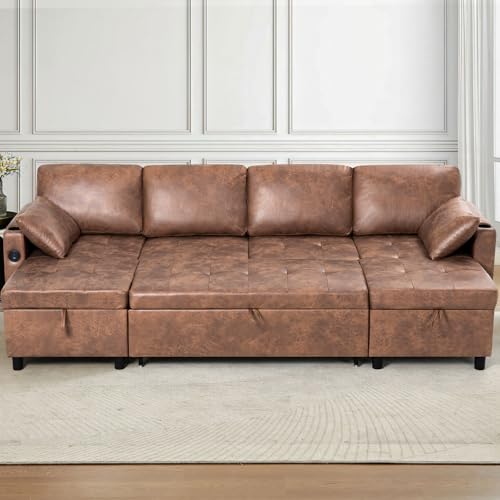 110" Suede Leather U Shape Sleeper Sofa w/Pull Out Bed, Brown | Sectional Sofa Bed w/Adjustable Backrest and Storage Chaises, 4-Seats Upholstered Sofa Bed w/USB Port for Living Room - color: Brown, size: 110"