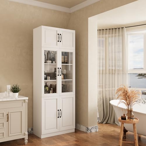 Bobve 86.6" H Extra Tall Narrow Storage Cabinet, Tall Bathroom Cabinet with Glass Door and Shelves, 5-Tier Free-Standing Cube for Bathroom, Living Room, Kitchen, Big Compartment - size: 31.5"W