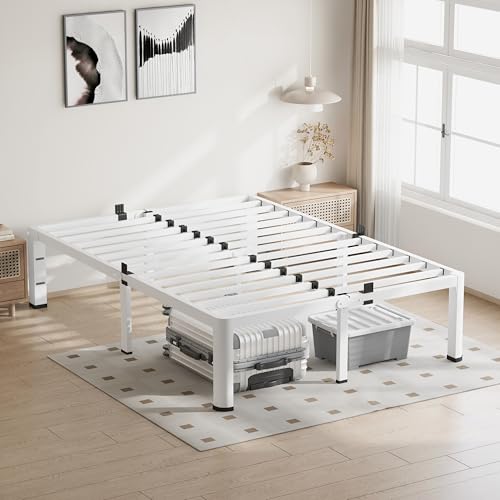 20 Inch White Full Bed Frame with Round Corners No Box Spring Needed | 3500lbs Heavy Duty, Under bed storage, 4 mattress stoppers, Headboard holes, Noise-free, Easy assembly & rubber covers - size: Full, style: 20 Inch White