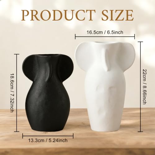 Modern Ceramic Body Vase Set of 2, Two Size Abstract Sculptural Flower Vases for Home Decor, Minimalist Nordic Decorative Vase for Living Room, Bedroom, Table and Shelf Decor- Black & White - color: Black & White