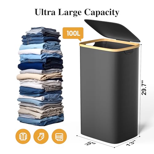 Foluck 100L Laundry Hamper with Lid Removable Bag and Bamboo Handles | Waterproof Self-locking Inner Bag, 3 Different Handles, 600D Cationic Cloth, for Dorm Bedroom Bathroom - color: Black, size: 100L