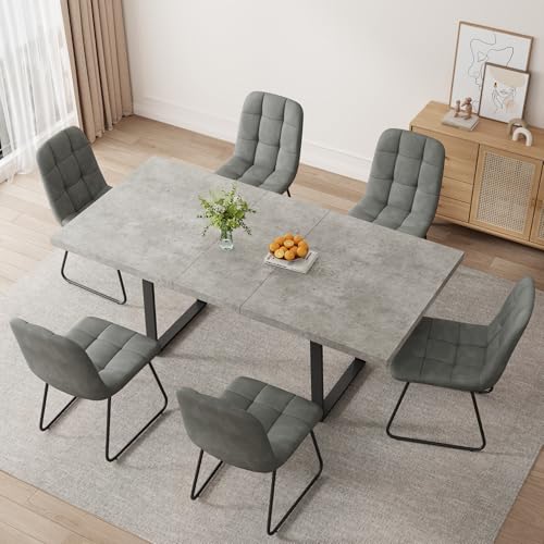 Mid-Century Extendable Dining Table Set, 63"-79", 6 Upholstered Chairs - color: Table + 6 Grey Chairs-b, size: 63"-79"