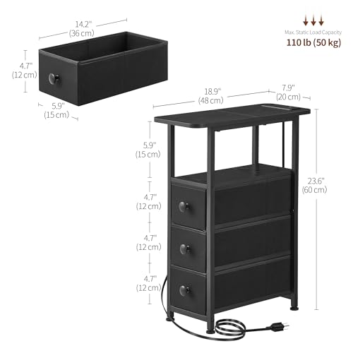 Narrow End Table with Charging Station, Narrow Side Table with Drawer, Small Nightstand with LED Light, Skinny Nightstand, Small Bedside Table for Living Room, Bedroom, Couch, Black - color: Black, size: 7.9" W x 18.9" D, style: Power + Light