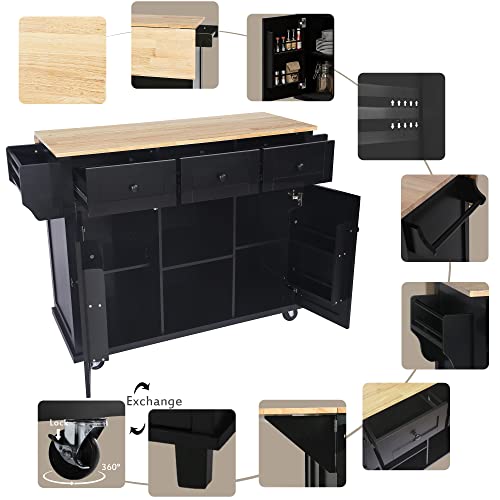53'' Rolling Kitchen Island with Storage, Large Kitchen Cart On Wheels with Drop Leaf & Power Outlet & Drawers, Mobile Kitchen Table with 3 Drawers, for Dining Room (Black) - color: Black