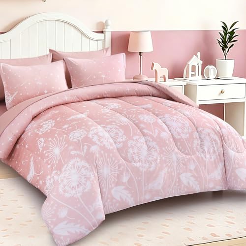 Dinjoy Girls Comforter Set 5 Pieces, Twin Size Colorful Ombre Rainbow Bedding Set, Bed in A Bag for Kid Teen Girls (1 Comforter, 1 Flat Sheet, 1 Fitted Sheet, 1 Pillow Shams, 1 Pillowcases) - color: Light White Pink, size: Twin