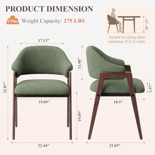 MALOL Wooden Dining Chairs Set of 2, Fabric, Curved Open Back, Green - color: Green, size: Set of 2