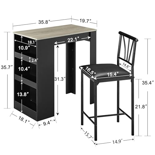 VECELO Small Bar Table and Chairs Tall Kitchen Breakfast Nook with Stools/Dining Set for 2, Storage Shelves, Space-Saving, Gray - color: Grey