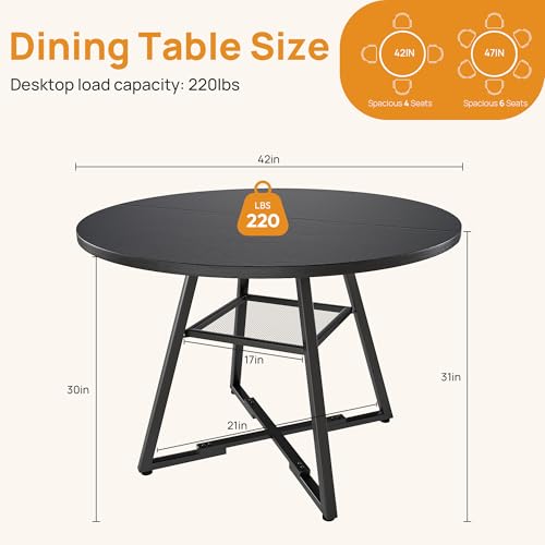 Alpen 42" Round Dining Table for 4-6, Small Kitchen Table with Storage Shelf, Wood Industrial Circle Table with Pedestal Metal Frame, Small Space Table for Apartment, Dining Room, Black - color: Black, size: 42 Inches