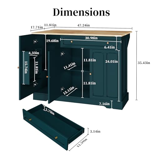 HLR Kitchen Island with Drop Leaf & Storage, Solid Rubber Wood Top Rolling Kitchen Cart with Carved Recessed Panel Doors, Large Mobile Island Table on Wheels for Kitchen, Dining Room (Green) - color: Green