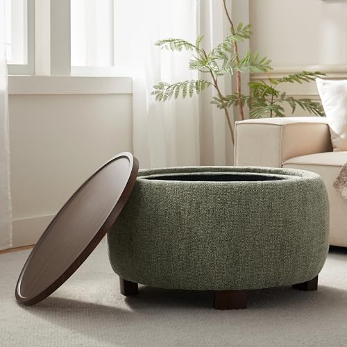 VKNOW 30" Round Storage Ottoman, Ottoman Coffee Table with Removable Wood Top and Solid Wood Legs for Living Room, Bedroom, Apartments(Green) - color: Green